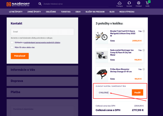 Využi kupón CYKLO150 na Príslušenstvo a Komponenty pri kúpe bajku nad 1450 €