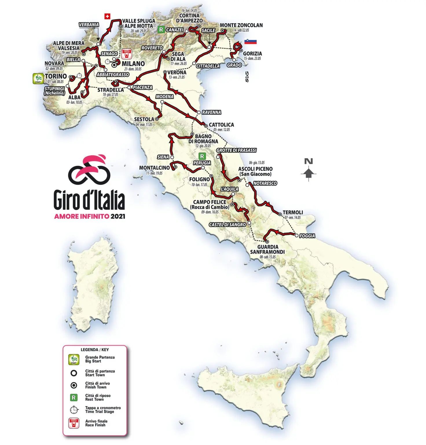 Mapa celej trasy Giro di Italia 2021