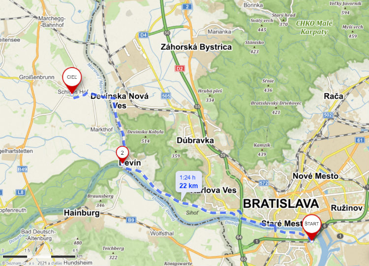 Mapa cyklotrasy Bratislava - Devín - Zámok Schloss Hof