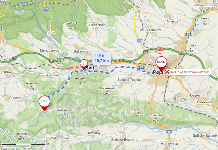 Mapa cyklotrasy Poprad - Svit - Lopušna dolina